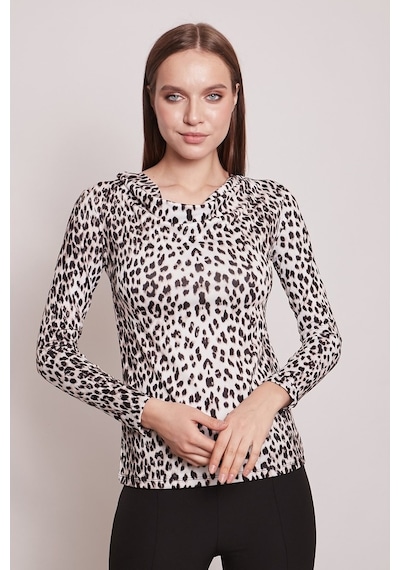 Jument Desenli Degaje Yaka Uzun Kol Likralı Kumaş Body-Bej Leopar