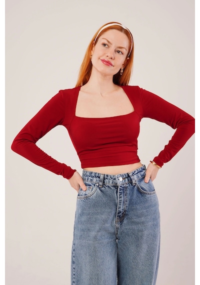 Defymoda Kare Yaka Basic Bordo Bluz Bordo