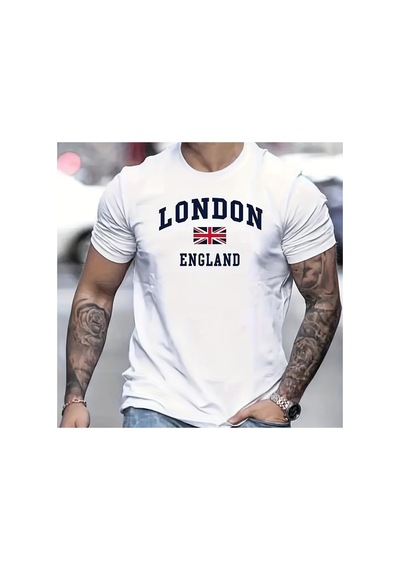 Caddemia Yaz  Rahat Bol Kesim Artı Boyutu Londra İngiltere Desen Baskılı Yuvarla Beyaz 2XL