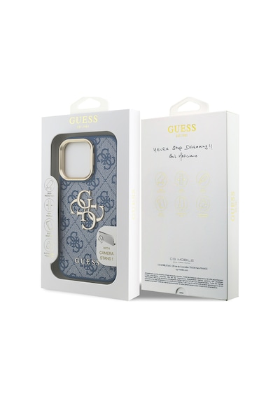 Apple Uyumlu iPhone 15 Pro Max Kılıf Guess Lisanslı Metal 4g Ve Yazı Logolu Kamera Standlı Kapak Mavi