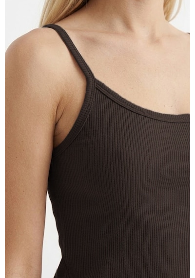 Cottonill Premium - Neat Collection Kahverengi Rib Dokulu İnce Askılı Modal Viskon Şortlu Kadın Pijama Takımı