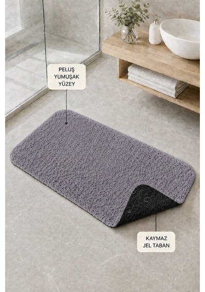 Kaymaz Jel Tabanlı Yıkanabilir Peluş Yumuşak Dokulu Dekoratif Tekli Banyo Paspası 60x100 Cm Koyu Gri