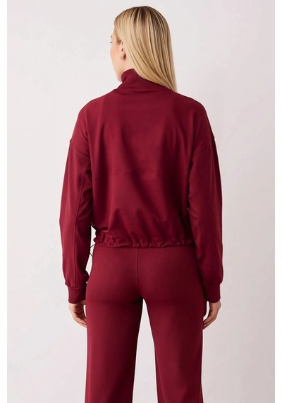 Benerly Kadın Yüksek Yaka Standart Kol Fırçalı Scuba Sweatshirt Fonksiyon Bordo