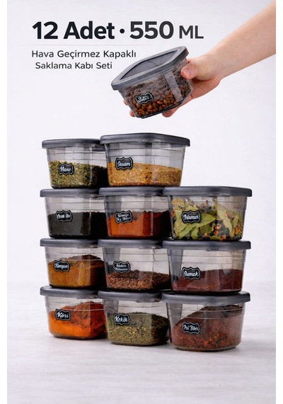 12'li Etiketli Ve Sızdırmaz Kapaklı Erzak Saklama Seti - 550ml - Etiket Hediyeli Antrasit - Gri