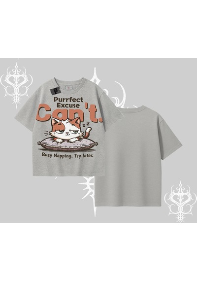Tarzsokak Kedi Baskılı Cant Busy Napping Y2k Oversize Tshirt Gri