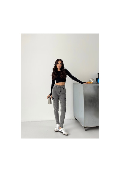 Kene Jeans Kadın Kar Siyah Kargo Cep Dar Paça Siyah