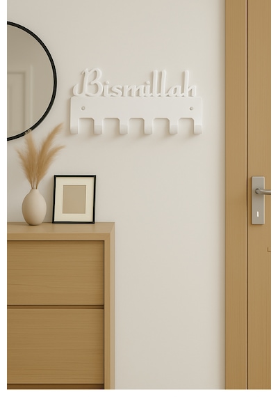 Lunoart Bismillah Yazılı Metal Anahtarlık Askılığı Siyah 6 Askılı Modern Duvar Dekoru Beyaz