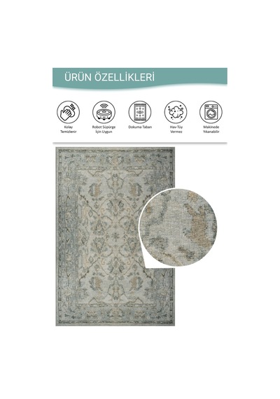Artloop Relic Yeşil Vintage Dokulu Klasik Desenli Dokuma Tabanlı Şönil Halı Al 519 Mint Yeşili - Gri