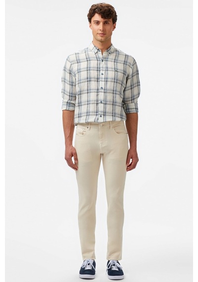 Lacoste Men's Regular Fit Dark Blue Linen Shirt Ekose Keten Erkek Gömlek Koyu Mavi