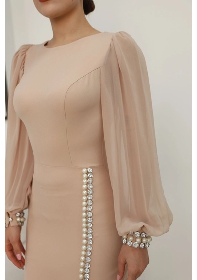 Lodmela İnci Ve Taş Süslemeli Balon Kol Abiye Elbise 2244-camel Camel
