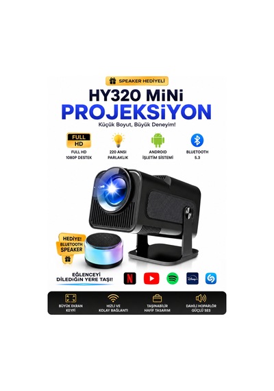 Hy320 Mini Projeksiyon Cihazı Full Hd 1080p Android Bluetooth 5.3 220 Ansı Taşınabilir Akıllı Projeksiyon + Bluetooth Speaker Hediyeli Spekar Hediyeli