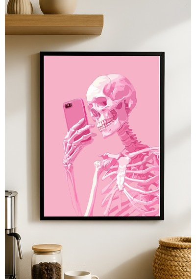 İskelet Selfie Doğal Ahşap Çerçeveli Poster, Dekoratif Pembe Duvar Tablosu