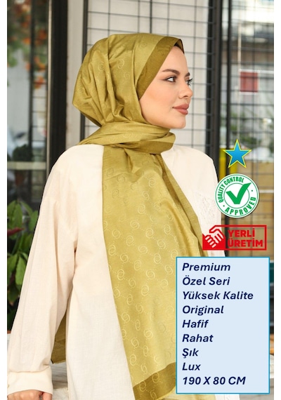 Premium Lux Original Monogram Şal İpek Vual, Yüksek Kalite, Hafif, Rahat, Şık, Tesettür, Shawl Yağ Yeşili