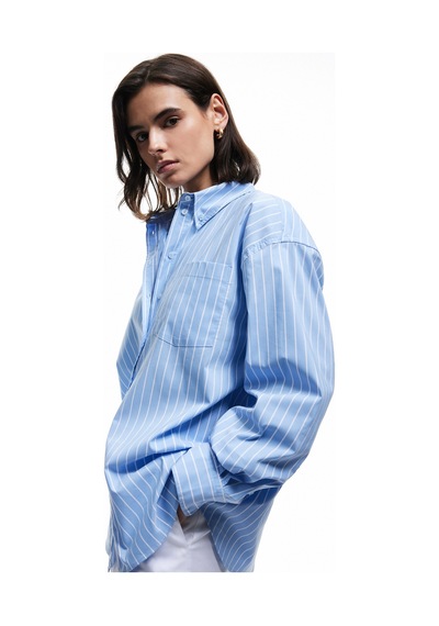 Koton Klasik Yaka Uzun Kollu Oversize Poplin Gömlek Mavi Çizgili 6wak60022pw
