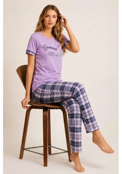 Modi Pamuklu Penye Summer Baskılı Kısa Kollu Pijama Takımı Bisiklet Yaka Ekose Desenli - Lila Çok Renkli