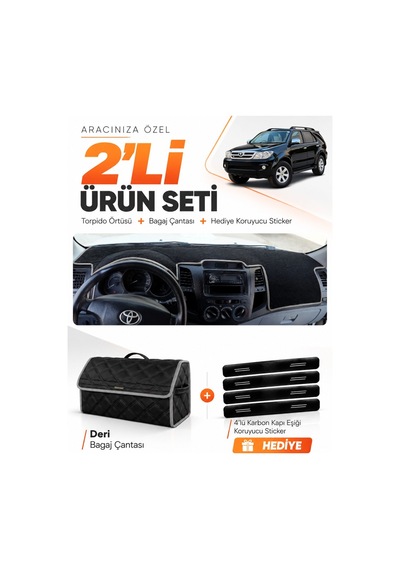 E-biz Toyota Fortuner 2005-2014 Uyumlu Torpido Örtüsü + Deri Bagaj Çantası - Siyah-gri - To018