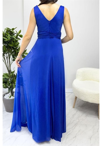 Neşeli Butik Kadın Saks Drapeli Tül Abiye Elbise Nb2030 Saks