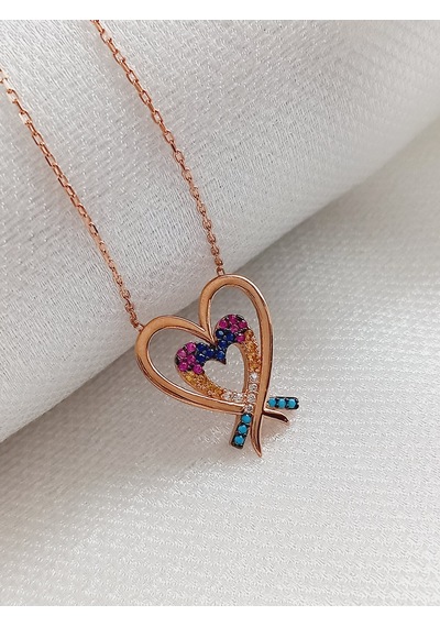 925 Gümüş Gold Bağlantılı Kalpler Gökkuşağı Kadın Kolye