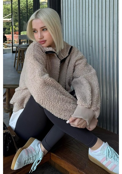 Bej Peluş Fermuar Yaka Sweatshirt Mg1413 Bej