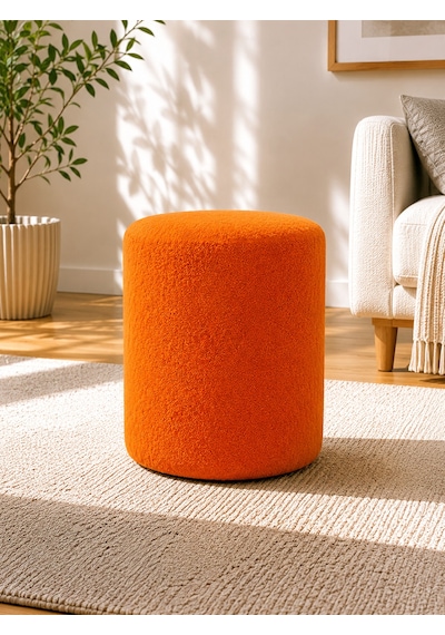 Turuncu Welsoft Kumaş Puf 40x45 Cm Yuvarlak Puf Dekoratif Oturma Pufu Yumuşak Dokulu Modern Puf