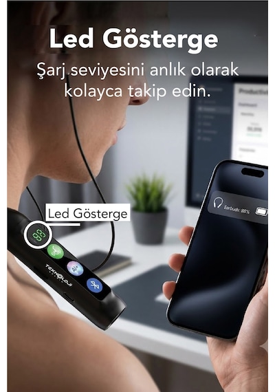 600 Saat Sporcu Kulaklığı Kablosuz Bluetoot Kulaklık Led Göstergeli Boyunluk Kulaklık Stereo V5.4