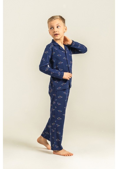 Rolypoly Erkek Çocuk Colorful Dinos Lacivert Gömlek Pijama Takımı Rp3867-c-v1 Rp3867-c-v1