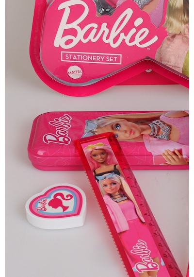 X Dekomus Lisanslı Barbie Yıldız Tasarımlı 5'li Kırtasiye Seti Metal Kalem Kutusu,cetvel,kalem Açık Gri