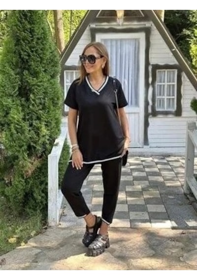 Kadın Kısa Kollu V Yakalı Iki Iplik Bluz Ve Pantolon Ikili Takım Siyah
