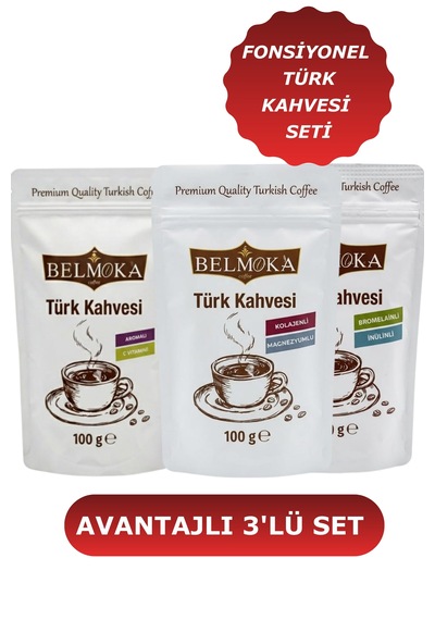 Fonksiyonel Türk Kahvesi Seti 3 100 Gr Kolojen-magnezyum Bromelain-inülin Aronya-c Vitamini Türk Kahvesi