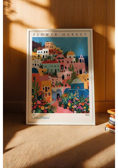Santorini Yunanistan Çerçeveli Tablo Seyahat Severlere Salon Ve Ofis İçin Estetik Duvar Dekoru Travel Flower Market