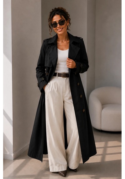 Bb Butik Basic Kadın Uzun Kruvaze Trençkot Düğmeli Klasik Model Tc0635 siyah