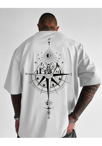 Panda Baskı Tekstil Pusula Motor Baskılı Özel Tasarım Oversize Tshirt Beyaz