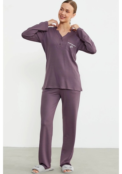 Feminight Sementa 76438 Yarım Düğmeli Cep Detaylı Pijama Takım Mor