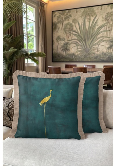 Kuş Figürlü Zümrüt Gold Saçaklı Yastık Kılıfı - Turna Temalı Art Deco Krem Püsküllü Kırlent Kılıfı Mavi