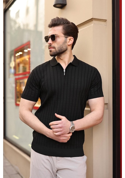 Siyah Polo Yaka Slim Fit Triko Erkek Tişört E7465 Siyah
