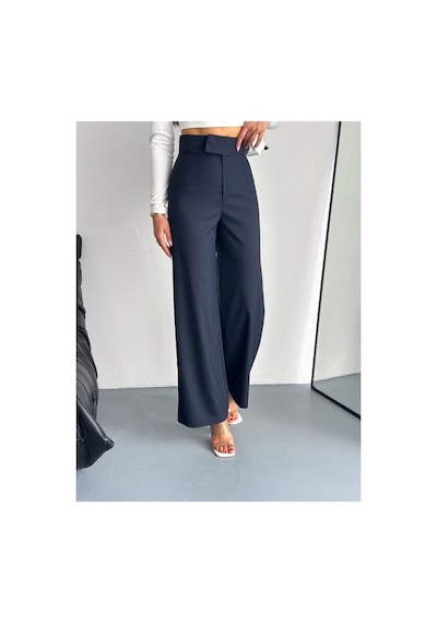Gugus Kadın Cepsiz Dokuma Kumaş Pantolon Beli Cırtlı Bol Paça Wide Leg Model Lacivert