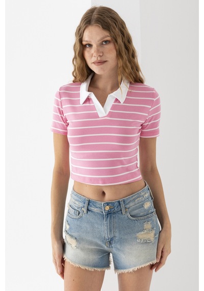 Giysa Kadın Polo Yaka Çizgili Pamuklu T-shirt Pembe Beyaz - 25795 Pembe - Beyaz Giysa Kadın Polo Yaka Çizgili Pamuklu T-shirt Pembe Beyaz - 25795 Pembe - Beyaz