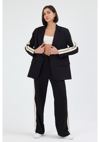 Diemmood Kadın Yan Şerit Detaylı Oversize Blazer Ceket & Palazzo Siyah Takım