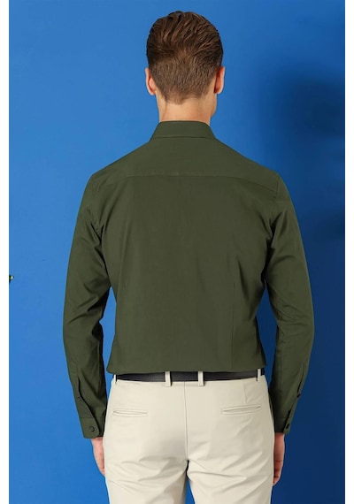 Efor Slim Fit Düğmeli Yaka Pamuklu Klasik Haki Gömlek Gk 715 Haki