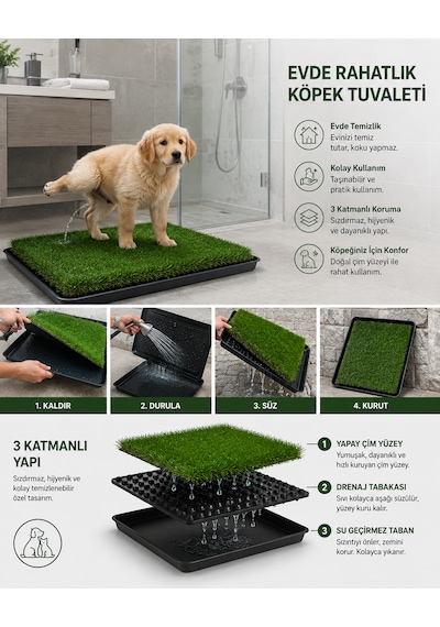 Pro Akıllı Çim Tuvaleti Köpek Kedi İçin 3 Katmanlı Yıkanabilir Hazneli 80x60 Büyük Boy