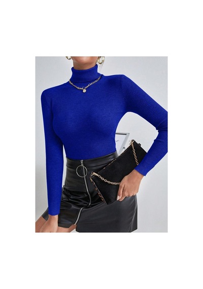 Hanclo Kadın Fitilli Balıkçı Yaka Slim Fit Triko Kazak Mavi