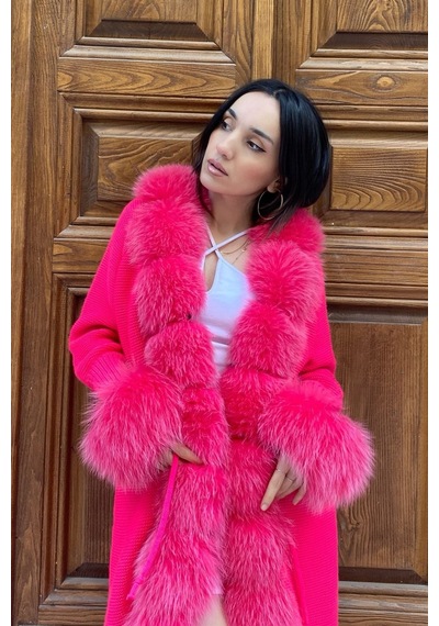 Lava Design Kürklü Triko Hırka & Uzun Triko Hırka & Kadın Triko Hırka Pembe
