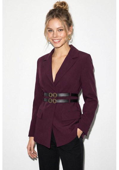 Shade Kadın Astarlı Çift Kemer Detaylı Klasik Blazer Ceket 8151 60286140 - Mürdüm