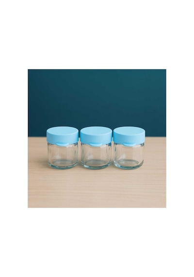 3 Lü Mini Cam Kavanoz 41 Ml Silikon Kapaklı Mama, Baharat, Reçel Ve Sos Saklama Kabı Mavi