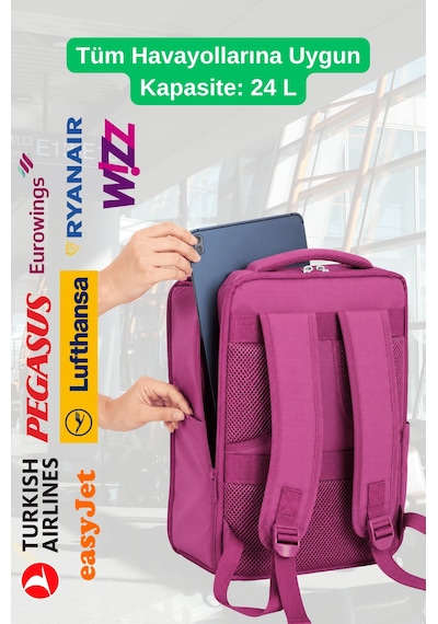 Jet Turtle Seyahat Sırt Çantası 40cm 40x25x15 Cm Pegasus, Wizz Air, Ryanair, El Valizi Koltuk Altı Valizi Koyu Pembe