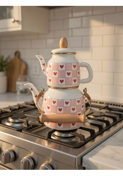 Retro Pembe Damalı Kalp Desenli Emaye Çaydanlık - Çift Katlı Vintage Takım, Ahşap Saplı Yeni Model Beyaz - Pembe