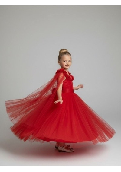 Zekids Kız Çocuk Kol Detaylı Prenses Model Abiye Elbise-17245 Kırmızı