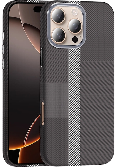 Apple Uyumlu iPhone 16 Pro Max Kılıf M-safe Şarj Özellikli Karbon Fiber Görünümlü Zore Gros Kapak Gri-Siyah