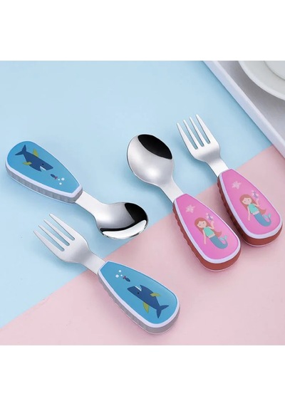 Figürlü Premium Çocuk Bpa Free Kaliteli Silikon Saplı Paslanmaz Çelik Uçlu Çatal-kaşık Pembe Renk