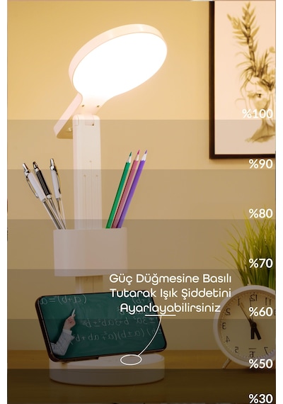 Şarjlı Led Masa Lambası Kalemlik Telefon Standlı Renk Ayarlı Dokunmatik Dimmer S9 Beyaz